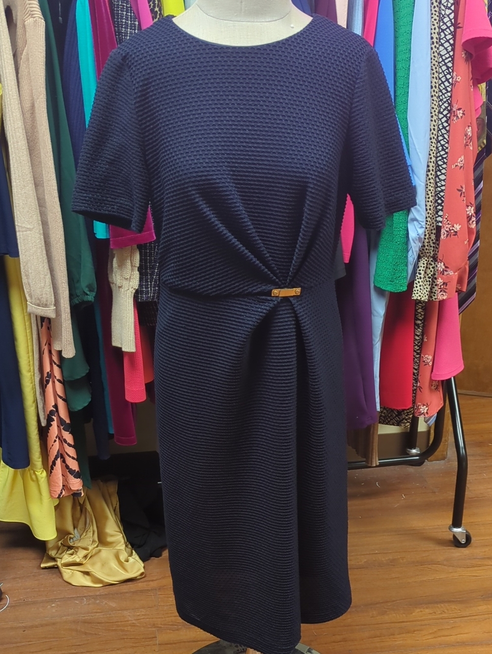 Anne Klein Navy Midi Dress with Front Twist and Gold Accent